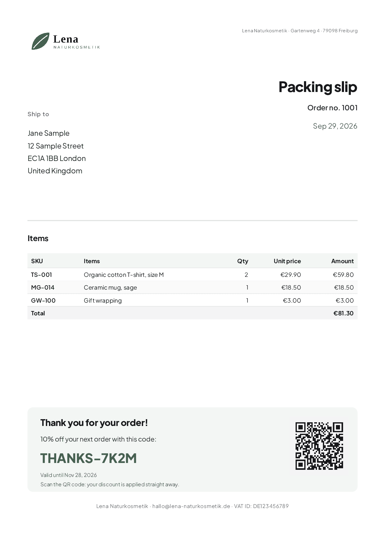 Sample packing slip: shipping address, items with total, and below it “Thank you for your order!” with 10% off, the code THANKS-7K2M and a QR code