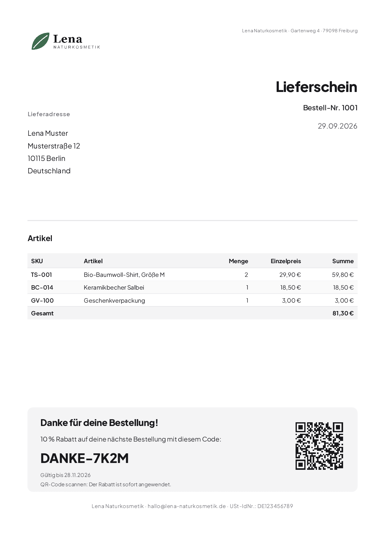 Beispiel-Lieferschein: Lieferadresse, Artikel mit Summe, darunter „Danke für deine Bestellung!“ mit 10 % Rabatt, dem Code DANKE-7K2M und einem QR-Code