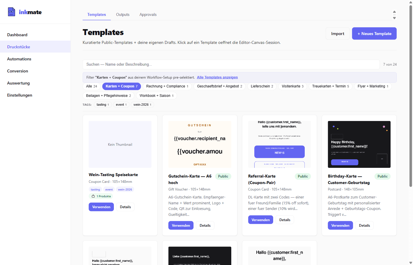 Template-Library mit 24 Templates in 10 Kategorien (Pre-Filter aus Persona-Quiz)