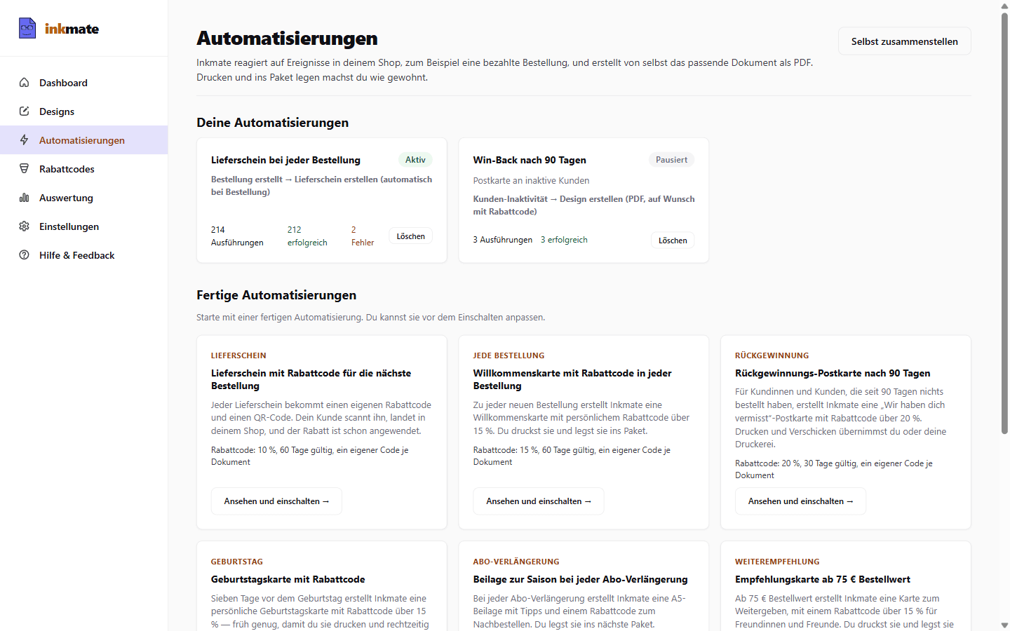Die Seite „Automatisierungen“ in Inkmate: eigene Automatisierungen und fertige zum Einschalten, jede mit Angabe des Rabatts