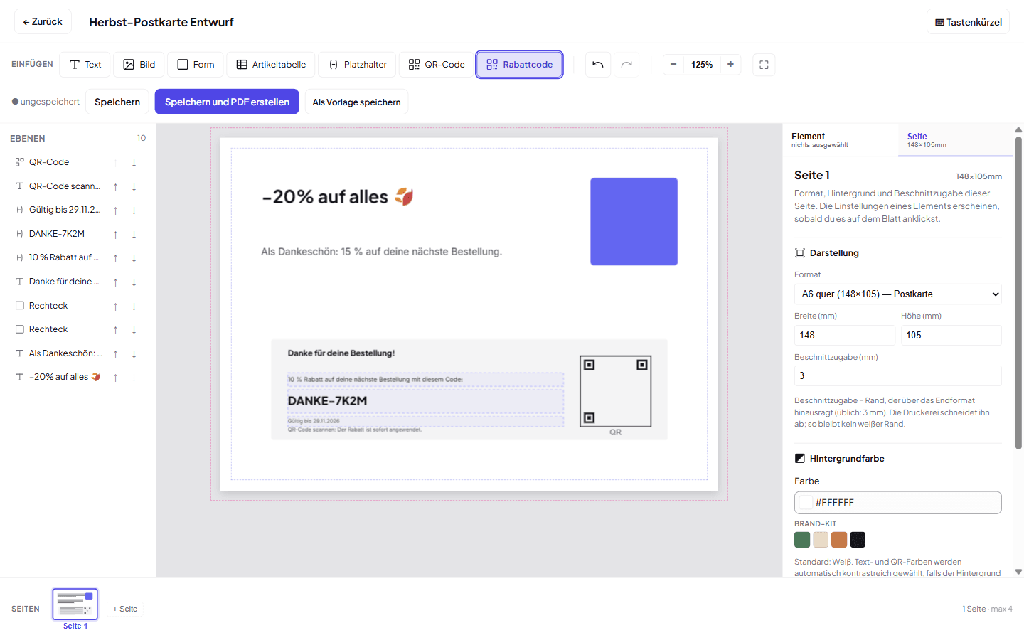 Der Inkmate-Editor: oben die Werkzeuge zum Einfügen (Text, Bild, Artikeltabelle, Platzhalter, QR-Code, Rabattcode), in der Mitte eine Postkarte mit eingefügtem Rabattcode-Block