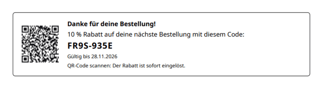 Ausschnitt aus Shopifys eigenem Lieferschein: ein Kasten mit QR-Code, „Danke für deine Bestellung!“, „10 % Rabatt auf deine nächste Bestellung mit diesem Code:“, dem Code FR9S-935E und „Gültig bis 28.11.2026“