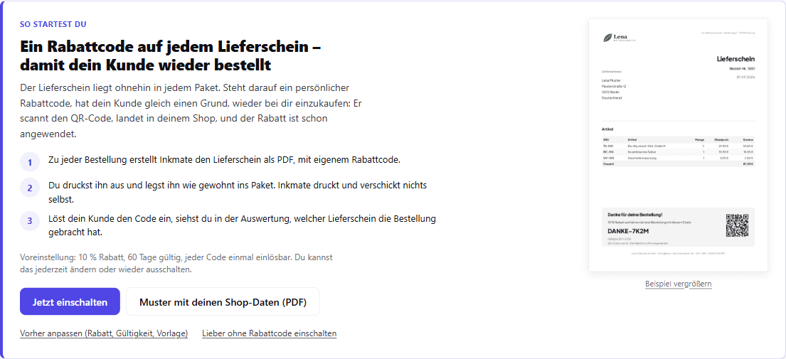 Die Startseite von Inkmate für einen neuen Shop: „Ein Rabattcode auf jedem Lieferschein – damit dein Kunde wieder bestellt“, drei Schritte, der Knopf „Jetzt einschalten“ und ein Beispiel-Lieferschein